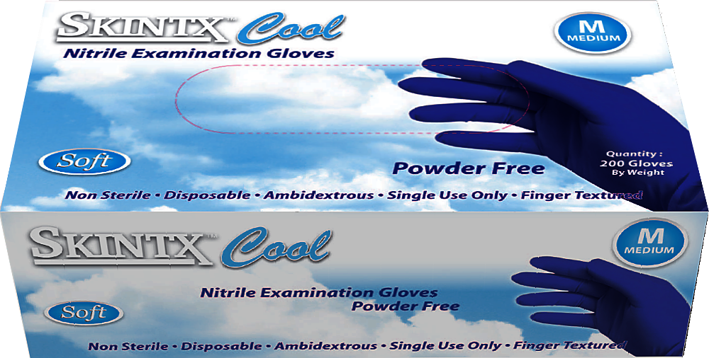 SKINTZ Disposable Cool Blue Nitrile Gloves, Powder-Free, Tex
